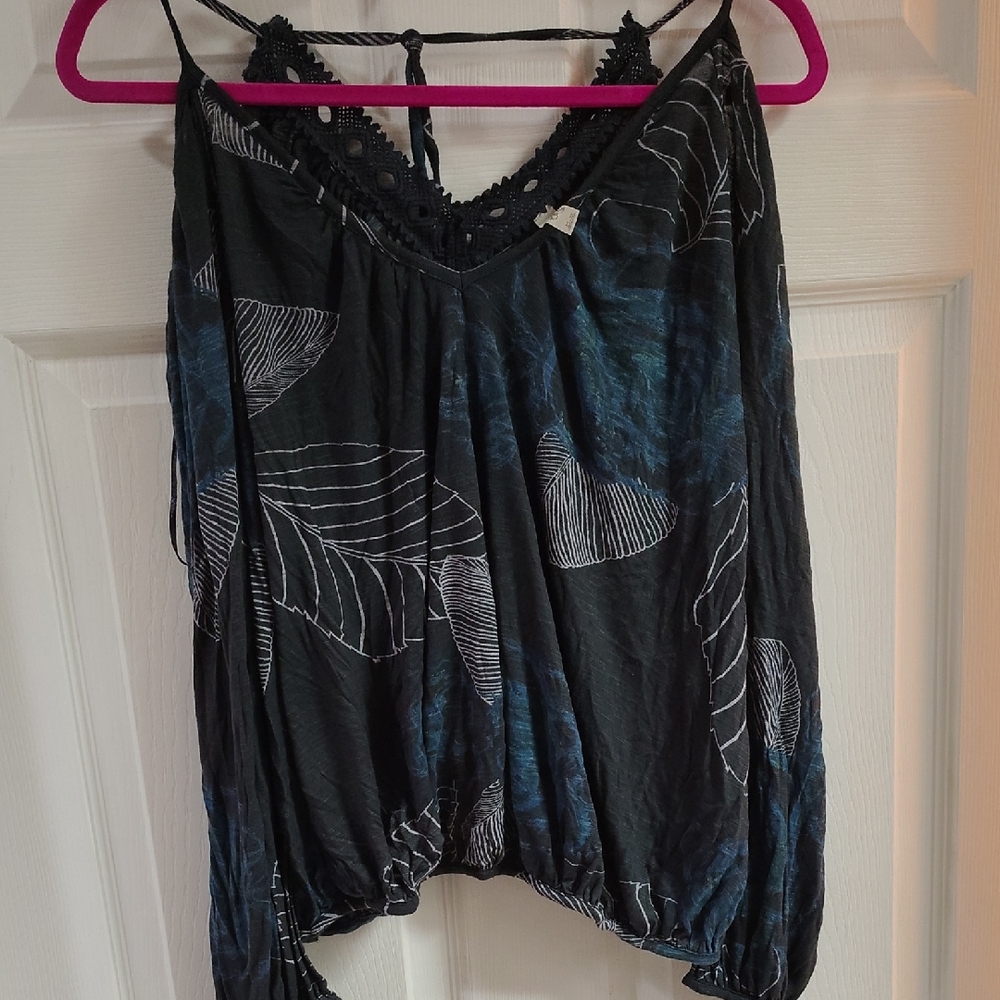 Free People Black and Blue Leaf Print Blouse